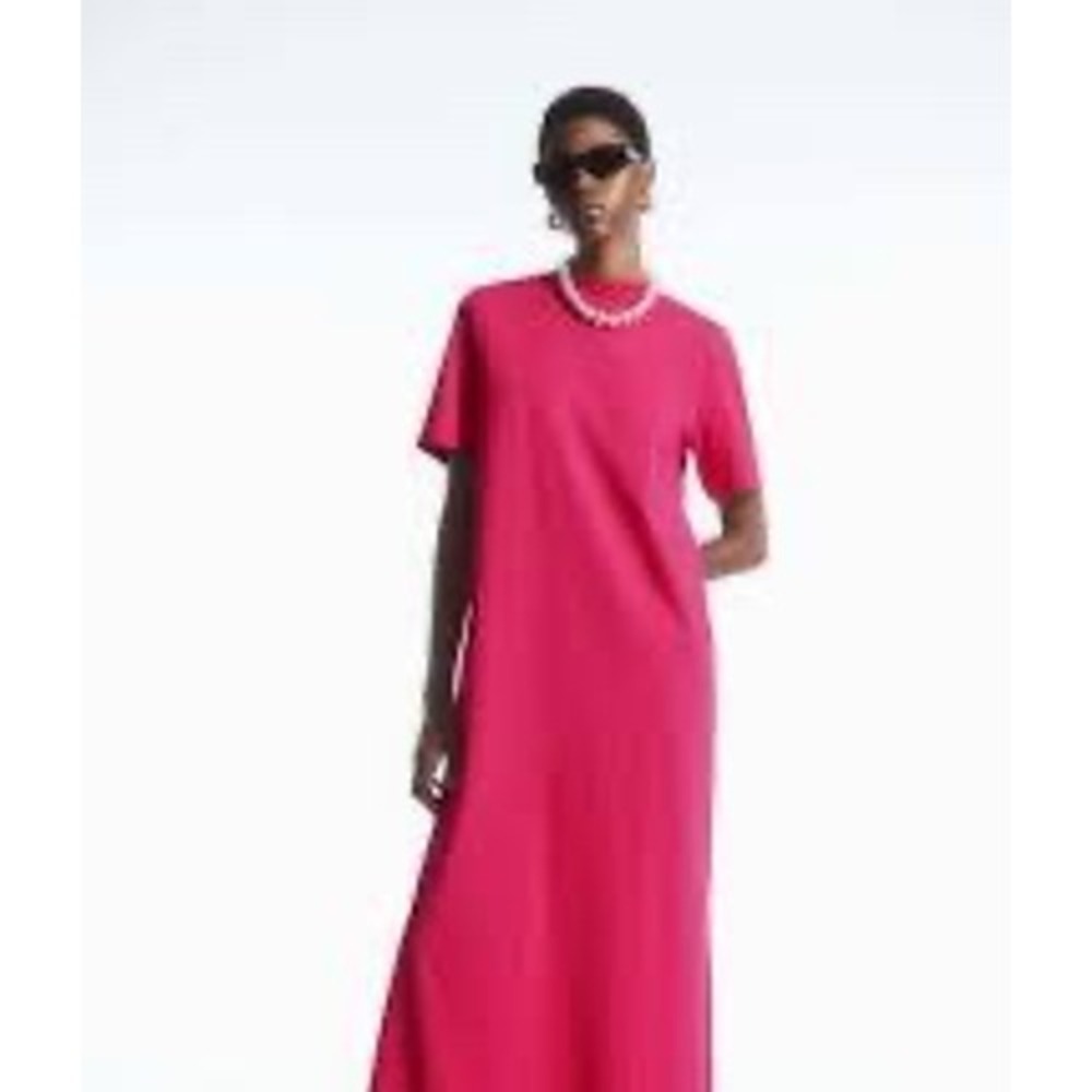 COS Pink Cotton Mock Neck Short Sleeve Maxi T-Shirt Dress Size L